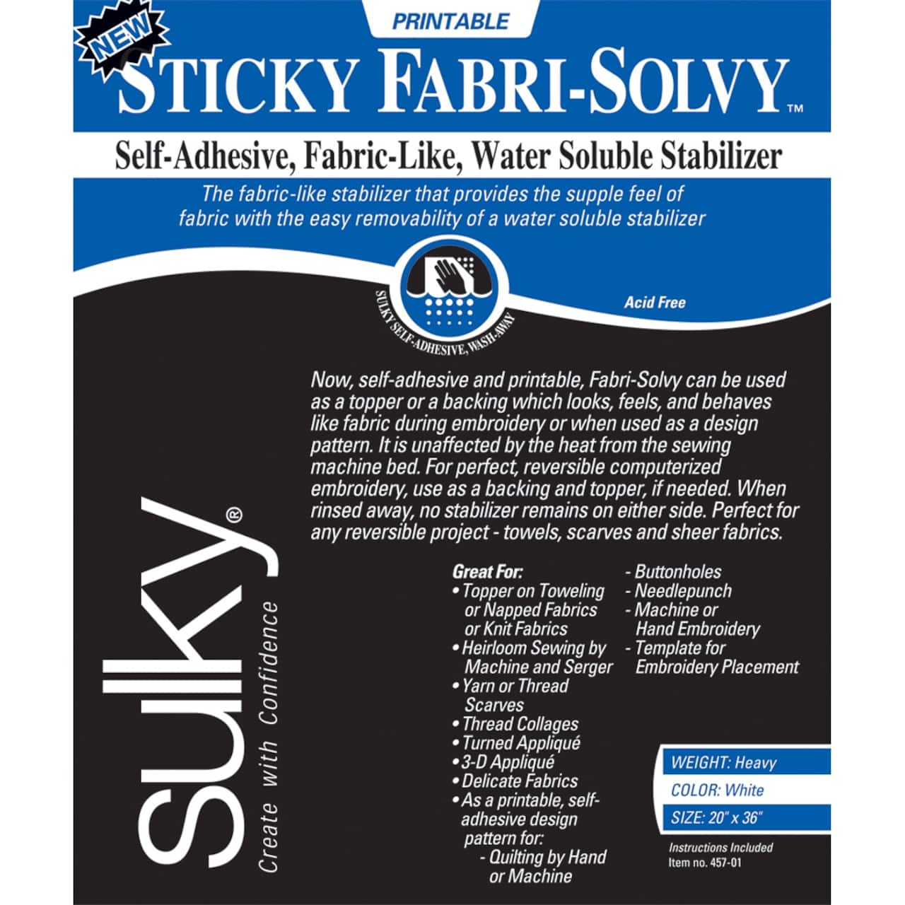 Sulky® Sticky Fabri-Solvy™ Printable Water-Soluble Stabilizer, 20" x 36"